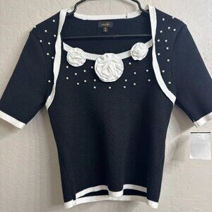 Ontwelvth Pearl Rosette Knit Top M NWT Black Chanel Inspired Coquette Sweater